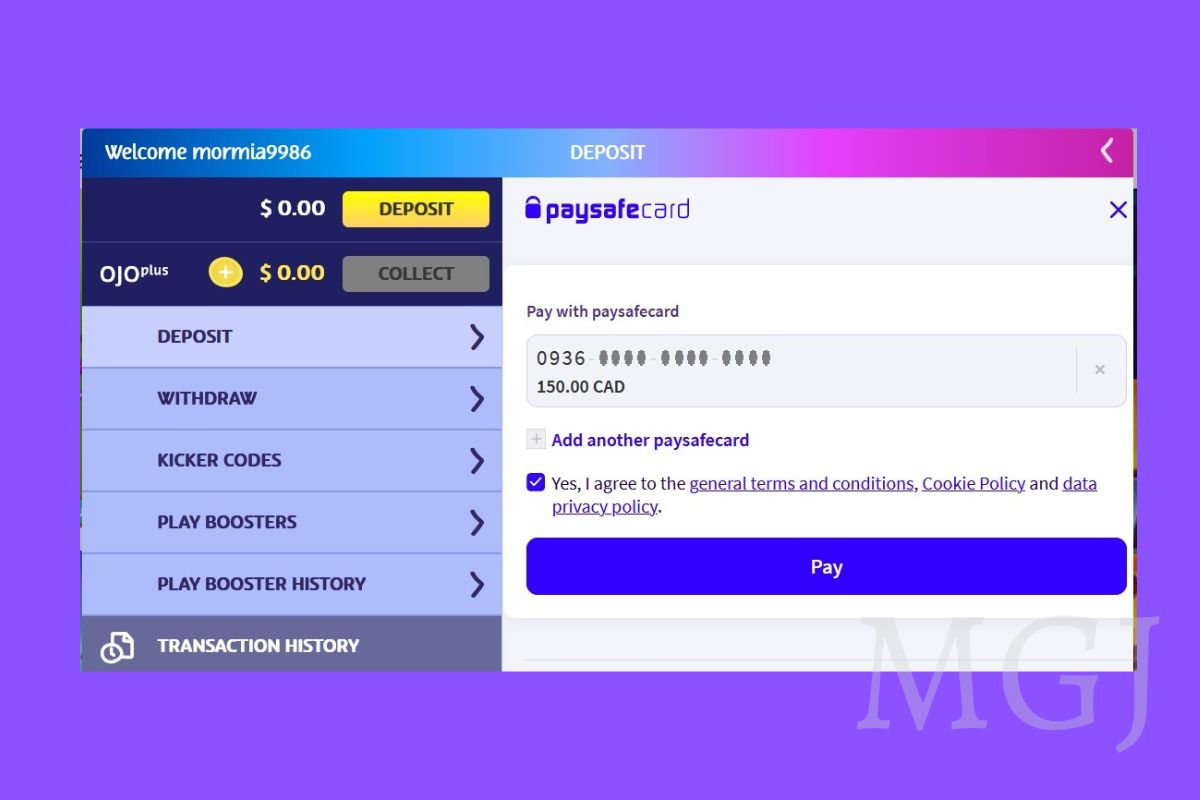 Paysafecard casino payment - Screenshot PlayOJO Deposting with Paysafecard - MGJ