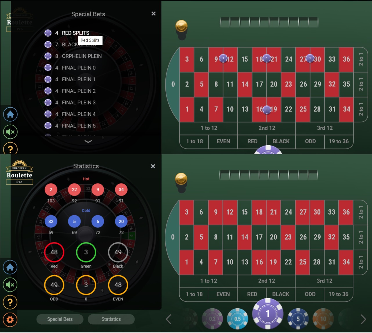 Online Roulette - European Roulette Pro - GVG - Screenshot - Special Bets & Statistics - MGJ