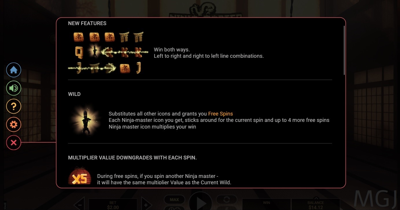 Screenshot of Ninja Master Paytable - GVG - MGJ