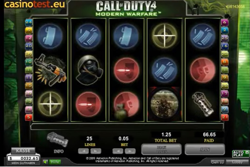 video game slots - Screenshot of Cryptologic Call of Duty 4 - Modern Warfare Slot from CasinotestEU YouTube - Image 2 - MGJ