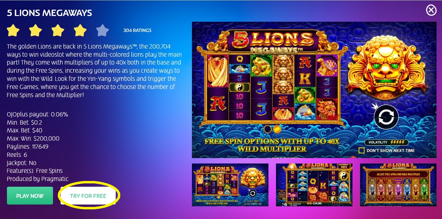 Screenshot of 5 Lions Megaways Play Screen from PlayOJO Ontario - MGJ
