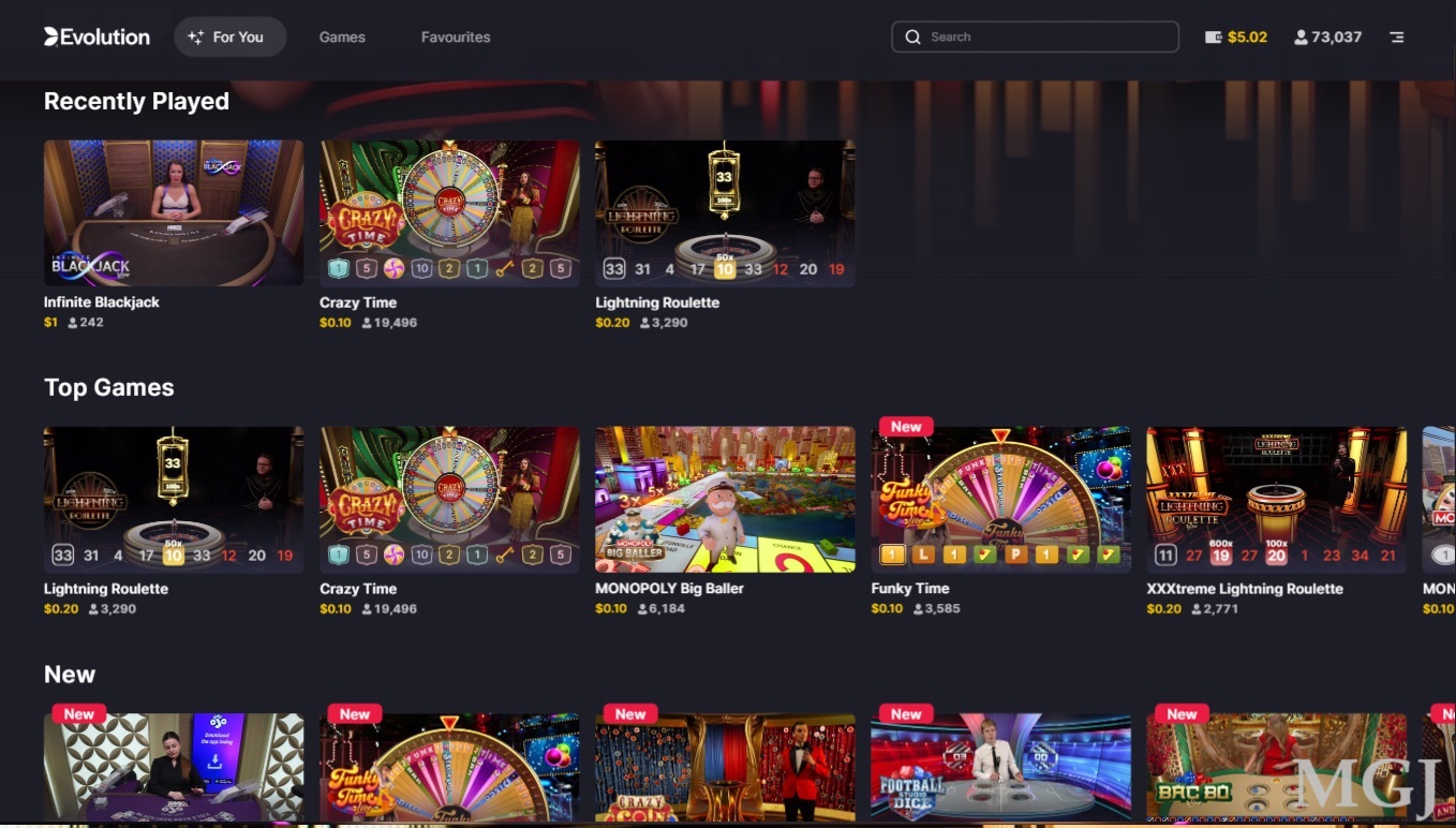 Screenshot of Evolution Live Casino Lobby - MGJ