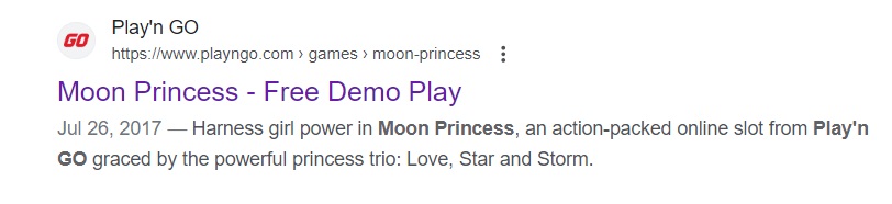 Screenshot of Google search result for Play'n GO Moon Princess Demo - MGJ