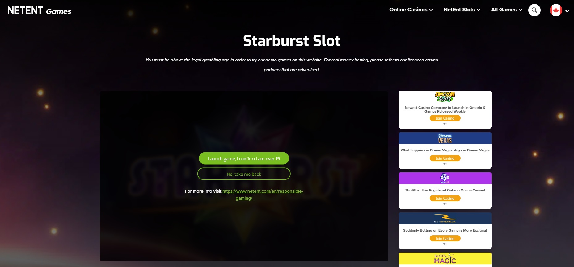Screenshot of Starburst Game Demo From NetEnt Games Site for Ontario Player - MGJ