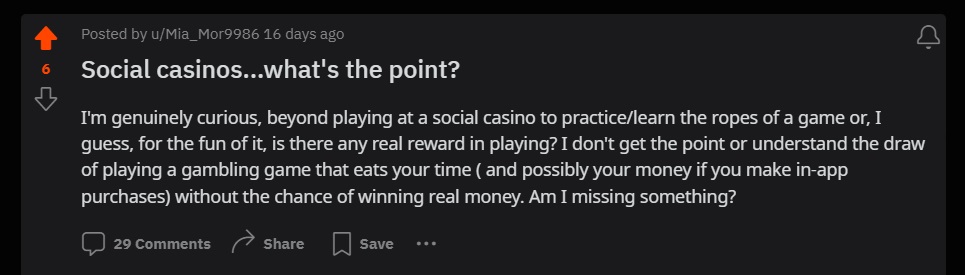 Reddit Post about social casinos - MGJ