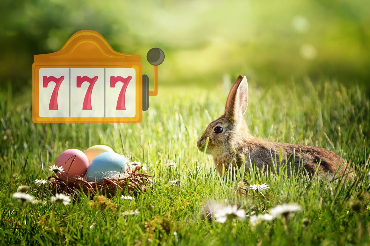 Easter themed slots - Image of a rabbit in the grass and coloured eggs in a nest