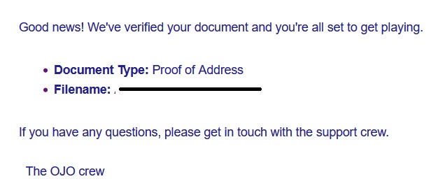 Screenshot of My PlayOJO Email Proof of Address Verification