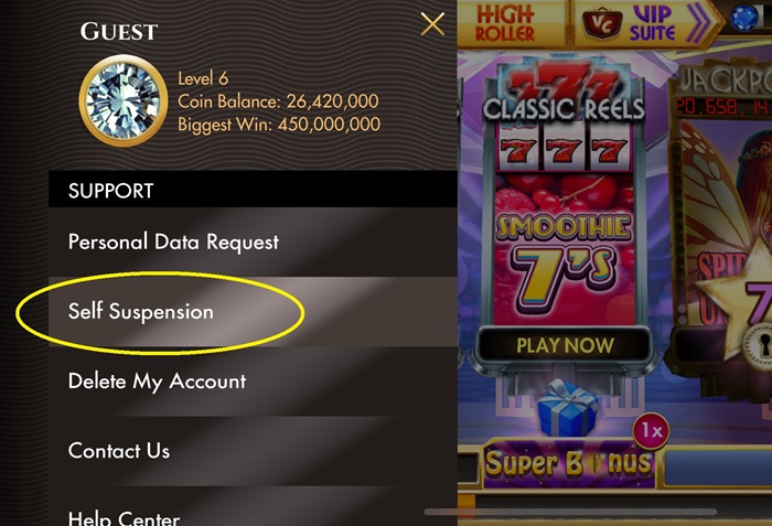 Screenshot of Zynga's Black Diamdon Casino - Menu - Self Suspension Option - MGJ