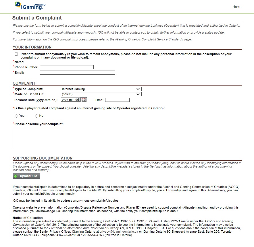 Screenshot of iGaming Ontario Submit a Complaint form