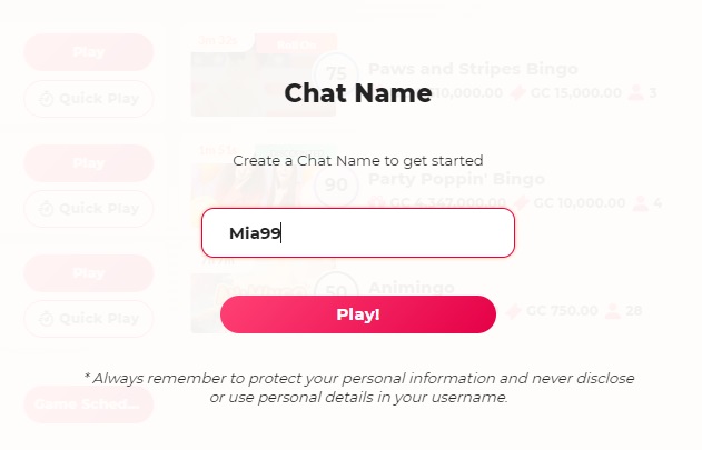 Screenshot of Chumba Casino Bingo Chat Name - MGJ