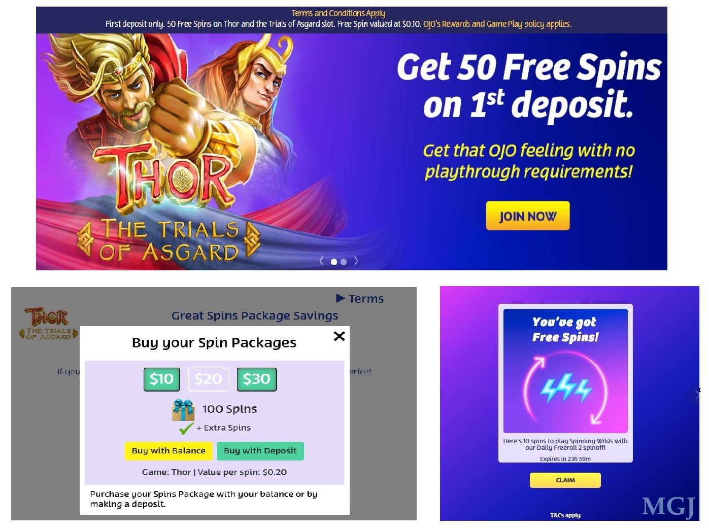 Different Examples of Free Spins promotions - Screenshots from PlayOJO - MGJ