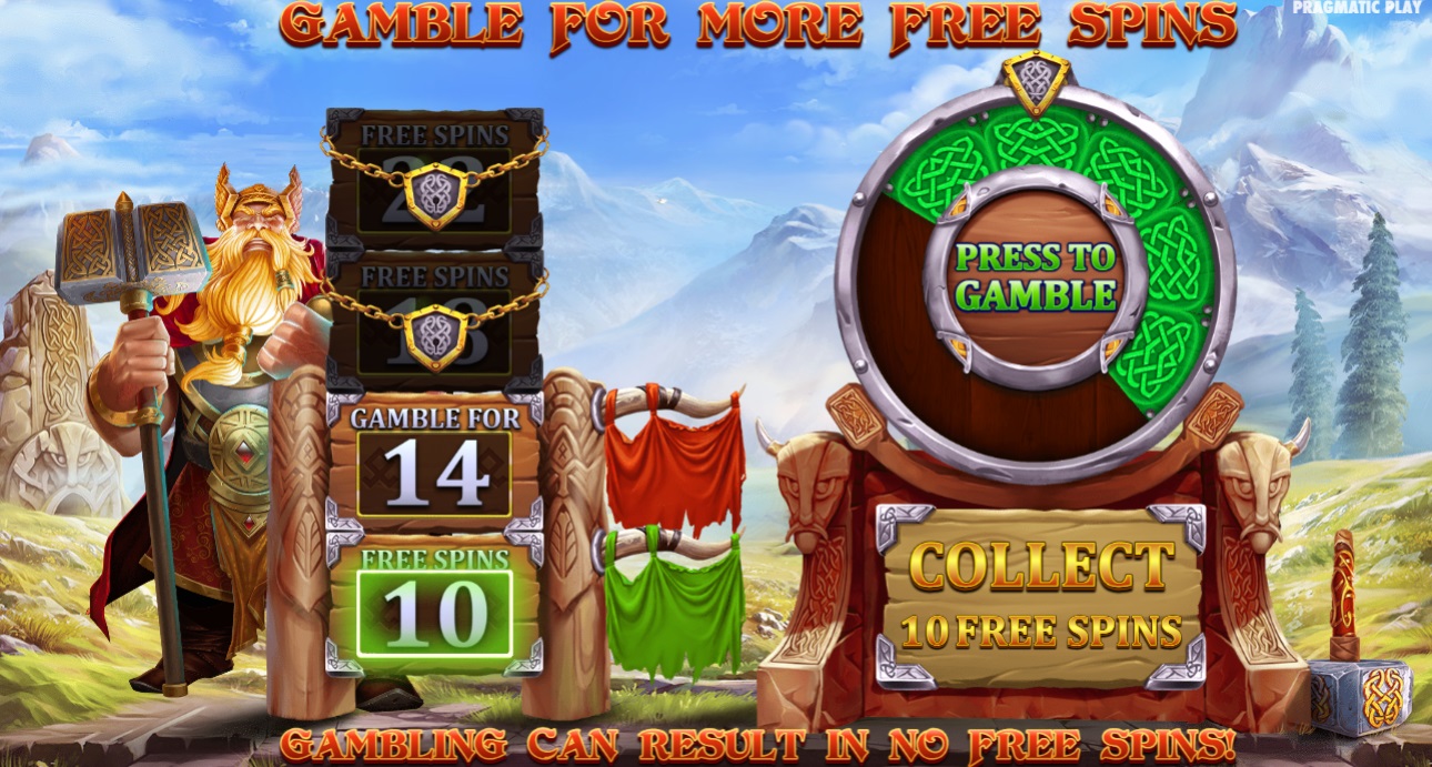 Free Spins slots feature - Screenshot of Free Spins Gamble Feature in Power of Thor Megaways - Pragmatic Play - MGJ