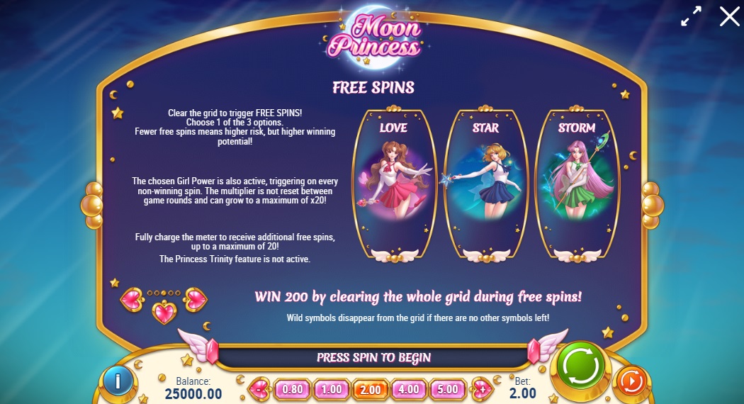 Free Spins slots feature - Screenshot of Moon Princess slot paytable - Play'n GO - MGJ