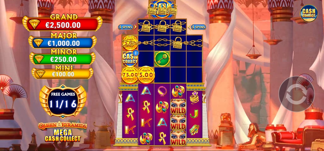 Free Spins slots feature - Screenshot of Queen of the Pyramids Mega Cash Collect Free Spins Feature - Playtech Origins - MGJ