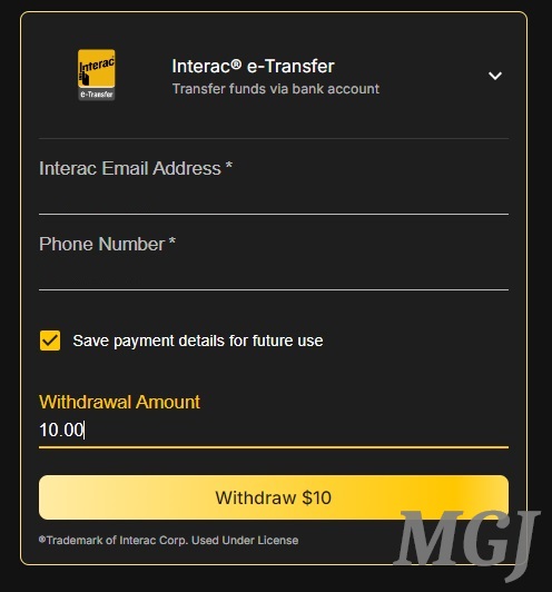 Betty Casino Screenshot - Withdrawal using Interac - MGJ