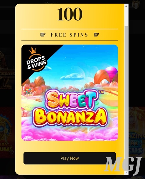 Betty Casino Welcome Offer Screenshot - 100 Free Spins on Sweet Bonanza - MGJ