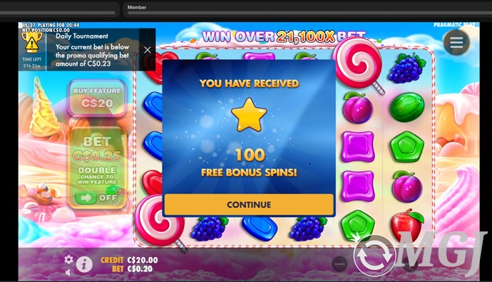 Betty Casino Free Spins Welcome Offer Screenshot - Sweet Bonanza Slot - MGJ