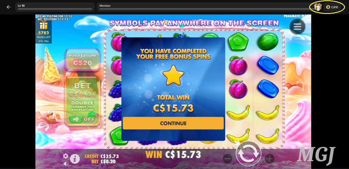 Betty Casino Free Spins Welcome Offer Screenshot - Sweet Bonanza Slot - MGJ