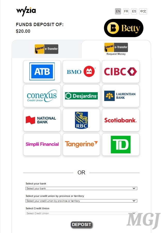 Interac Casino Deposit - Screenshot From Betty Casino - MGJ