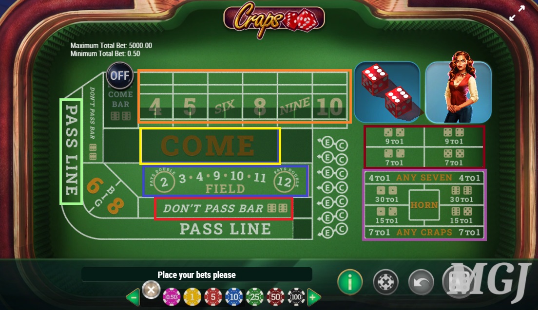 Play'n GO Online Craps Screenshot - Different Bets Highlighted on Table - MGJ