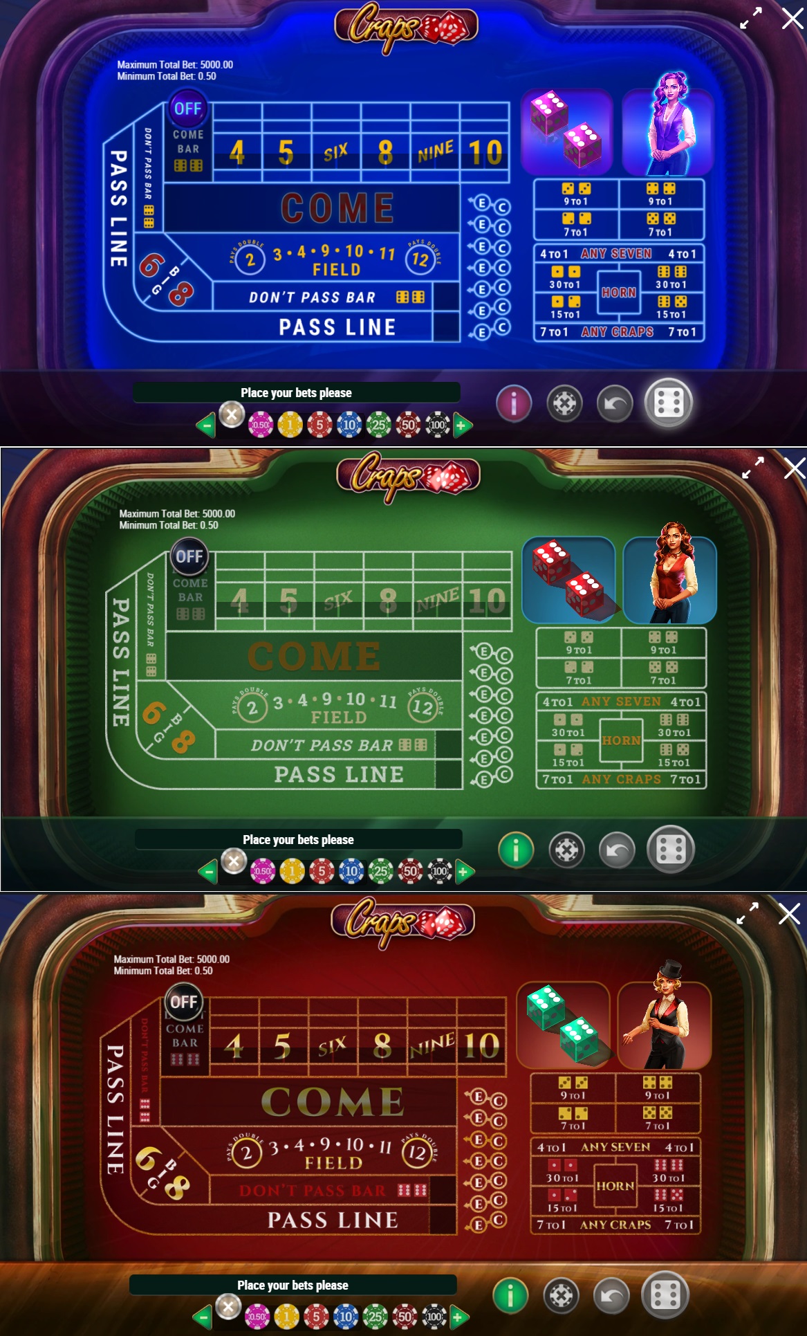 Screenshots of different Online Craps Themes - Play'n GO - MGJ