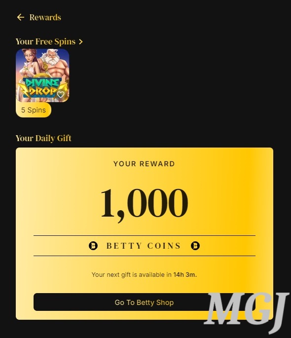 Betty Coins - Rewards Section Screenshot - Betty Casino - MGJ