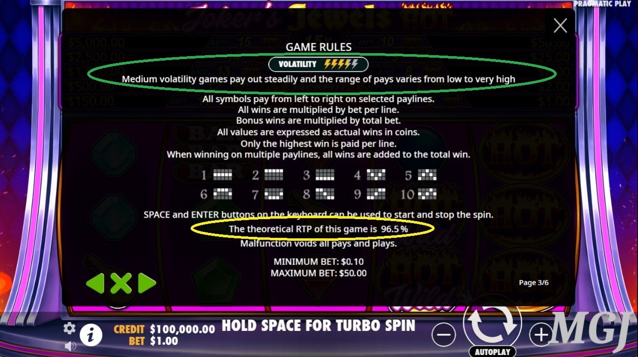 Joker's Jewels Hot Slot Paytable Screenshot - Pragmatic Play - MGJ