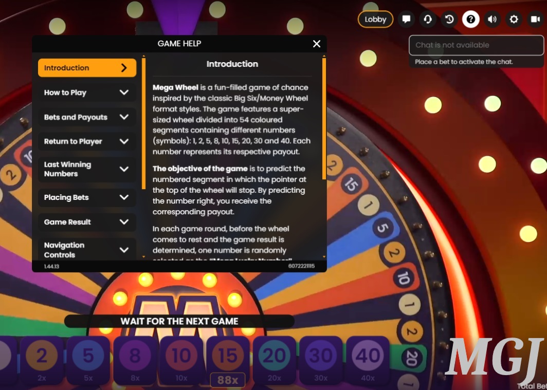 Mega Wheel Live - Pragmatic Play - Screenshot of Help Options - MGJ