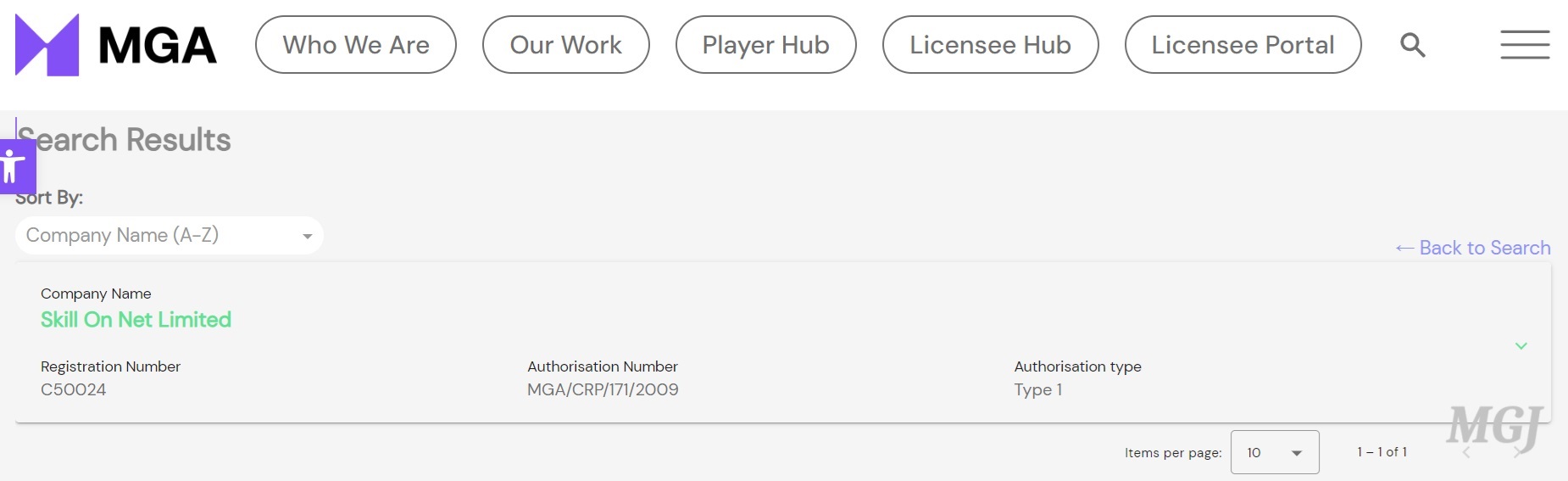 Screenshot of MGA license search result for SkillOnNet - MGJ