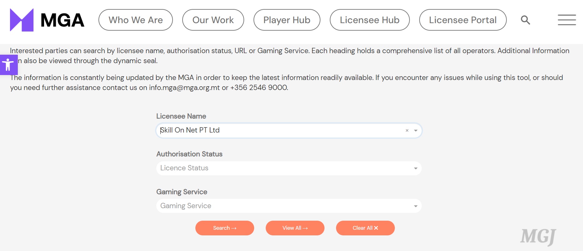 Screenshot of MGA Licensee Register Search - MGJ