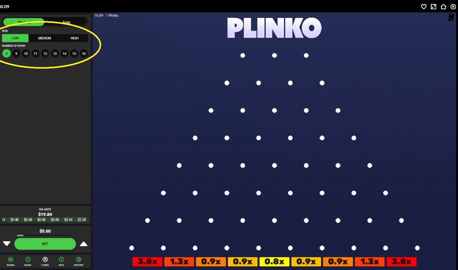 Screenshot of risk levels - Plinko Dare2Win by Hacksaw Gaming - MGJ