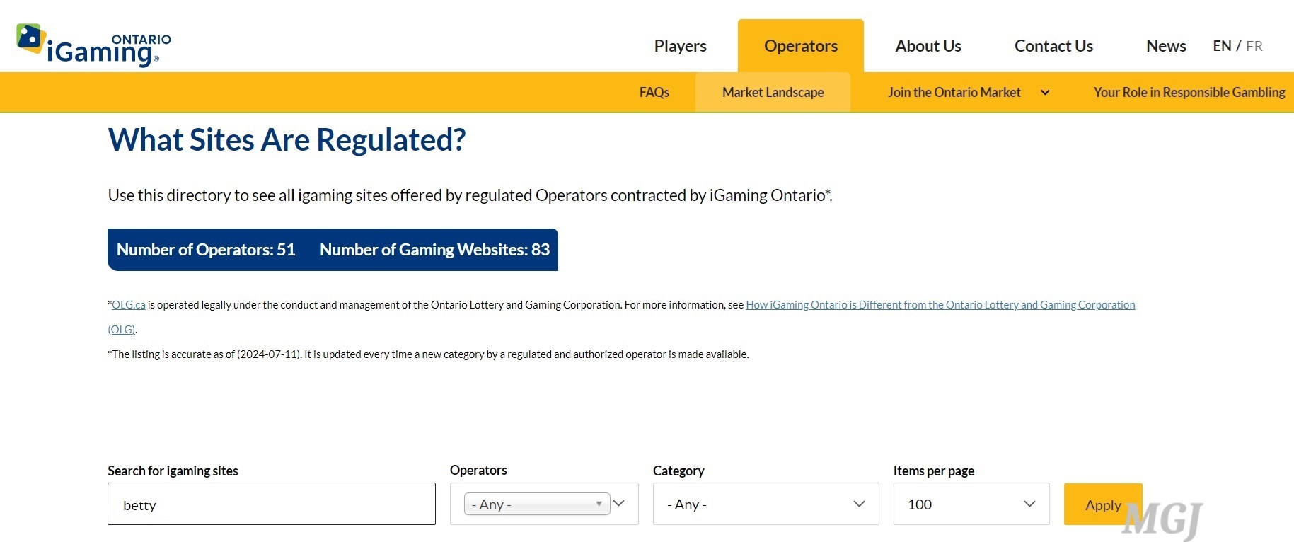 Screenshot of iGaming Ontario's What Sites Are Regulated Search - MGJ