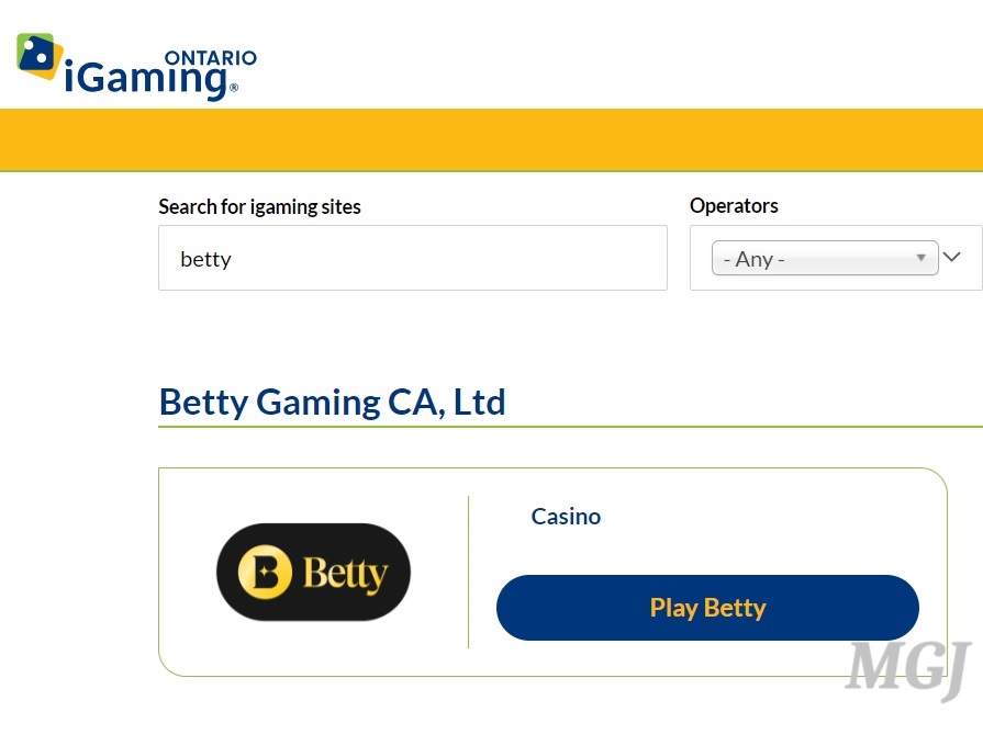 Screenshot of iGaming Ontario Betty Search Result - MGJ